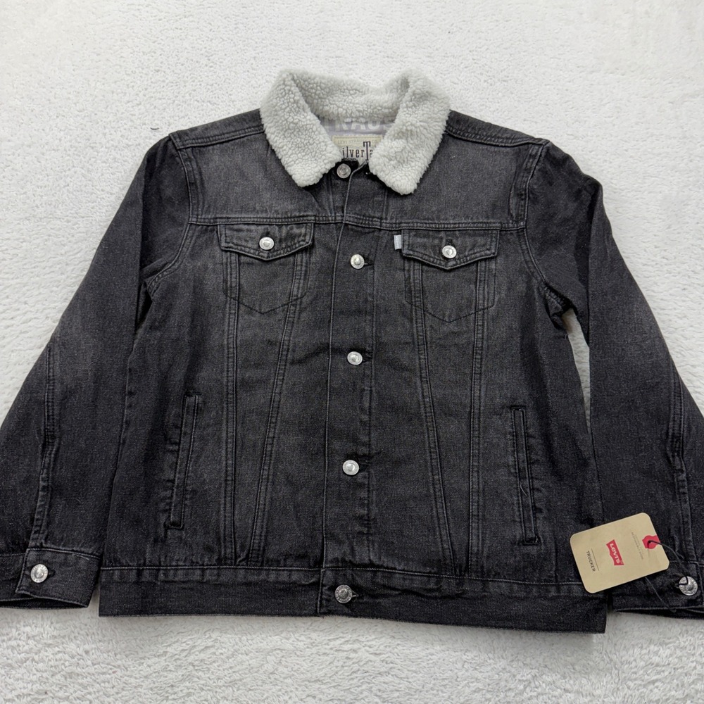 Levis SilverTab Boys Sherpa Lined Trucker Jacket Washed Black Denim Large 12-13Y